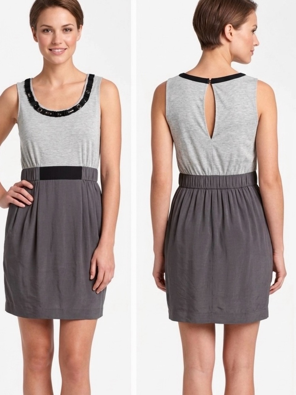 MINT Silk Linen Blend Grey & Black Sleeveless Midi Dress w Embellished Neckline